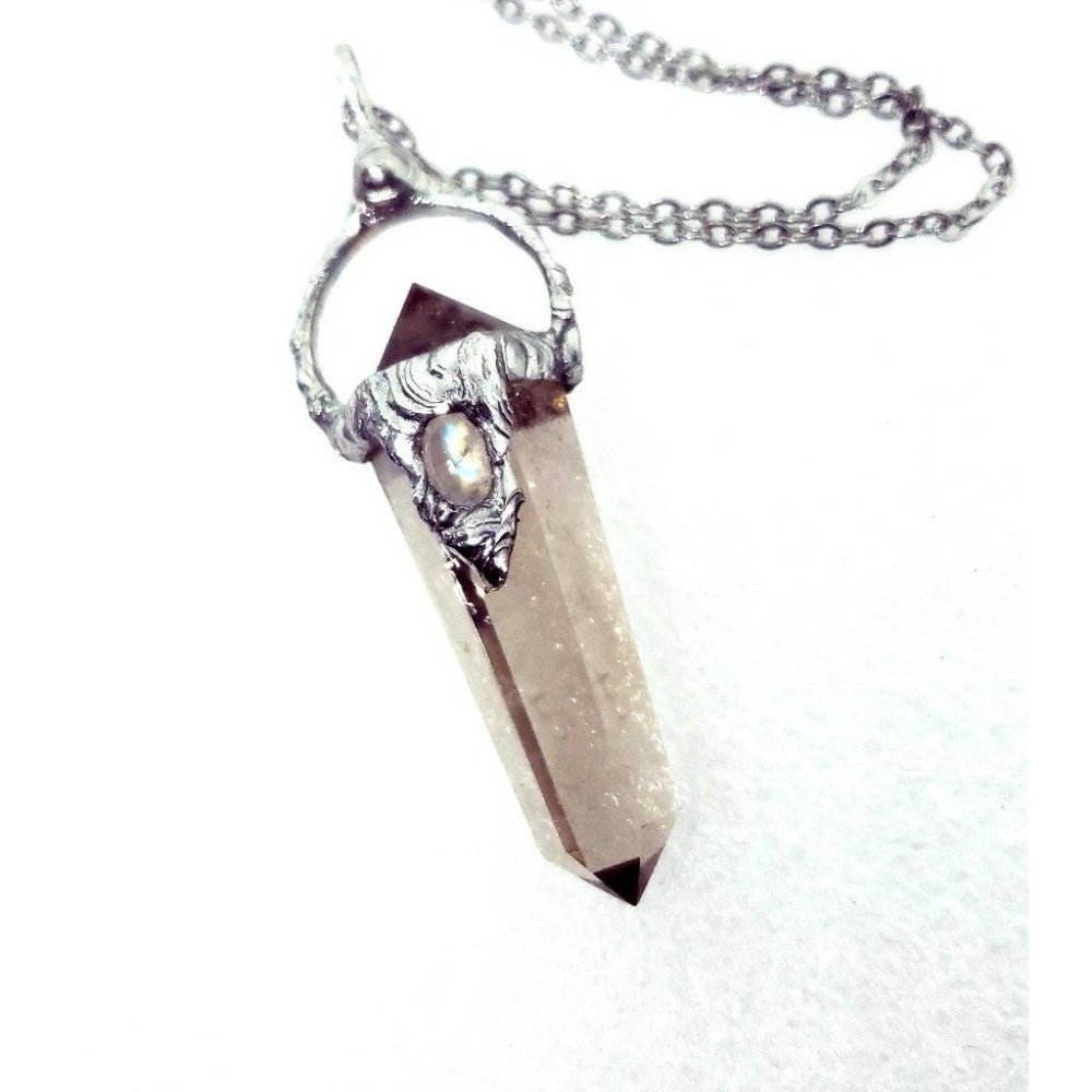 Smokey quartz and moonstone crystal Necklace handmade gothic fantasy jewelry